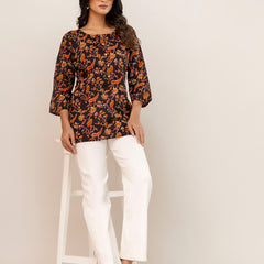 Chic Printed Short Kurti with Round Neck & 3/4 Sleeves
