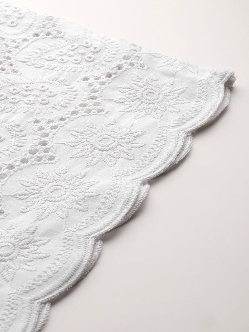 White Embroidered Palazzos–Fully Lined, Elastic Waist & Ankle-Length with Side Pocket