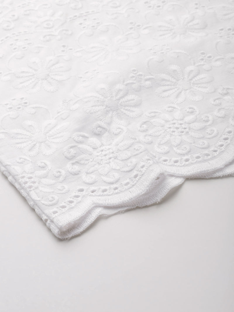 White White Embroidered Cotton Palazzos–Elastic Waist & Ankle-Length with Side Pocket