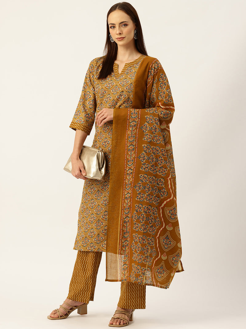Round V-Cut Neck 3-Piece Kurta Set with Ankle-Length Pants & Full-Length Dupatta (Size S-XXL).