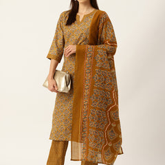 Round V-Cut Neck 3-Piece Kurta Set with Ankle-Length Pants & Full-Length Dupatta (Size S-XXL).