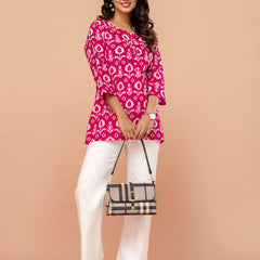 Chic Printed Short Kurti with Round Neck & 3/4 Sleeves
