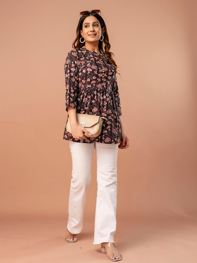 Top – Mandarin Collar, 3/4 Sleeves, Flattering Fit (Sizes S–XXL)