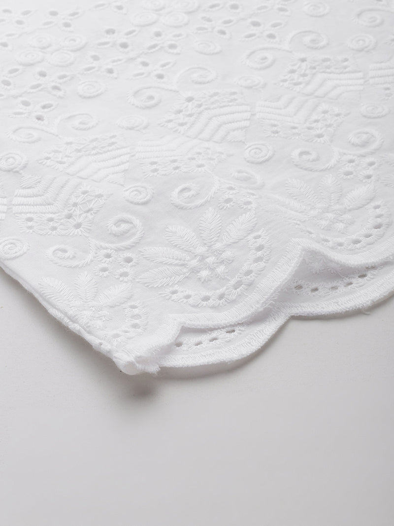 White White Embroidered Cotton Palazzos–Elastic Waist & Ankle-Length with Side Pocket