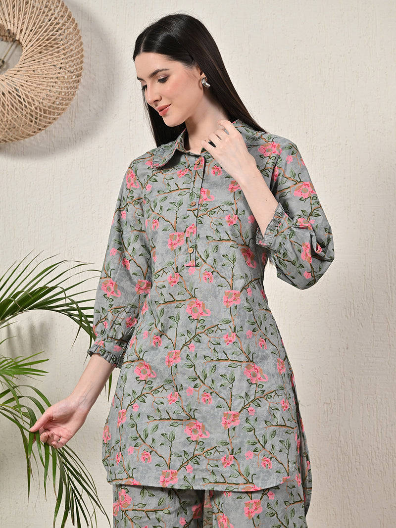 Grey Elegant Collared Co-Ord Set with Frill Detail & Elasticated Pants