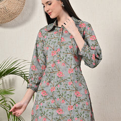 Grey Elegant Collared Co-Ord Set with Frill Detail & Elasticated Pants