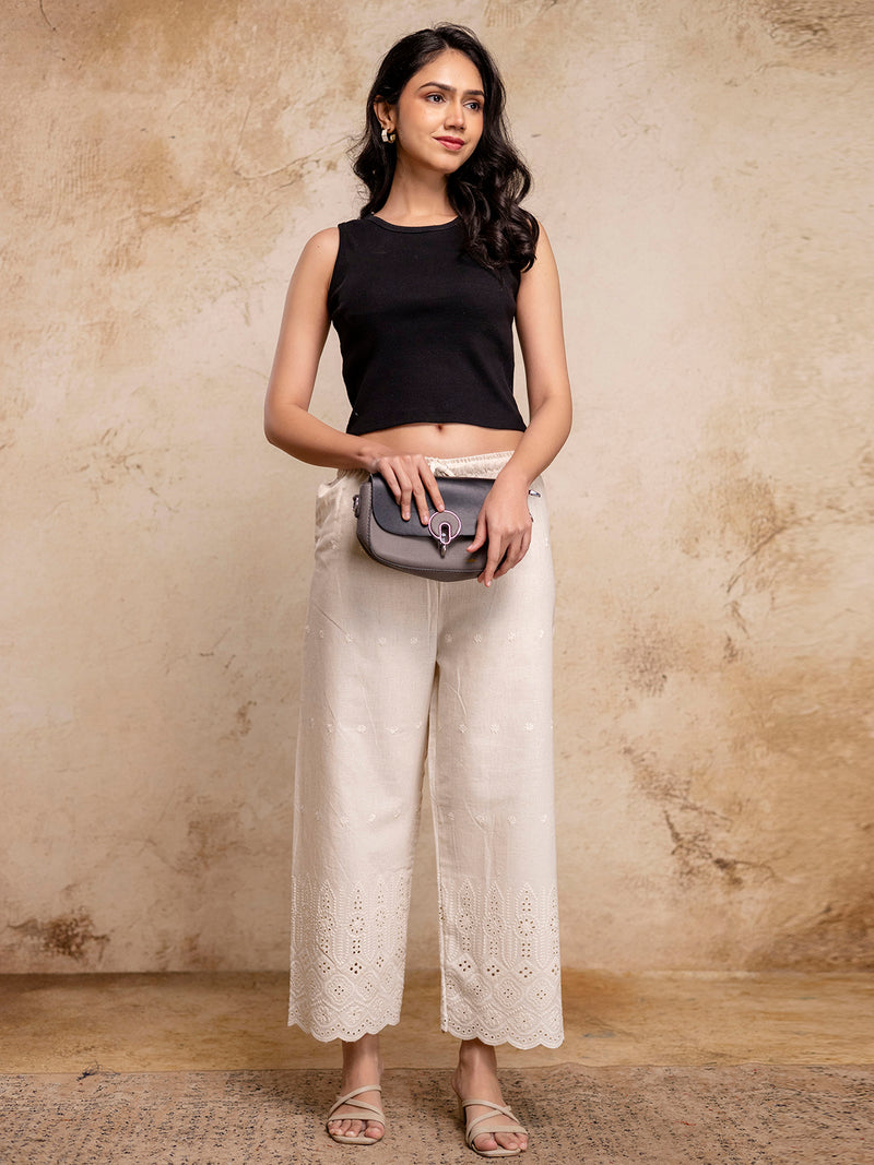 Women’s Cotton Embroidered Wide-Leg Palazzos | Soft, Breathable & Elegant