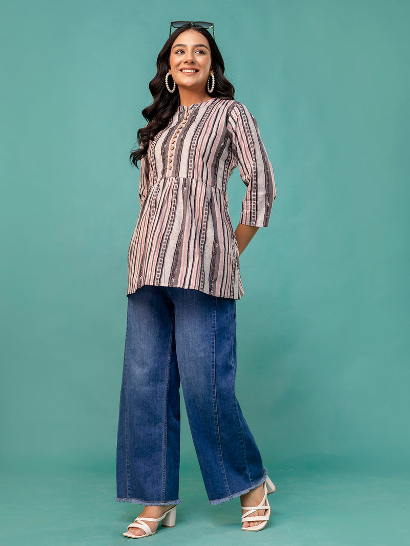 Tunic – Mandarin Collar, 3/4 Sleeves, Flattering Fit (Sizes S–XXL)