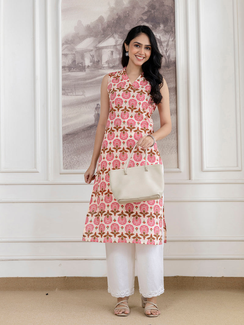 Elegant Sleeveless Cotton Printed Straight Kurta with Refined V-Neckline