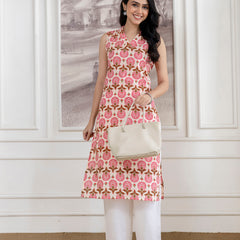 Elegant Sleeveless Cotton Printed Straight Kurta with Refined V-Neckline