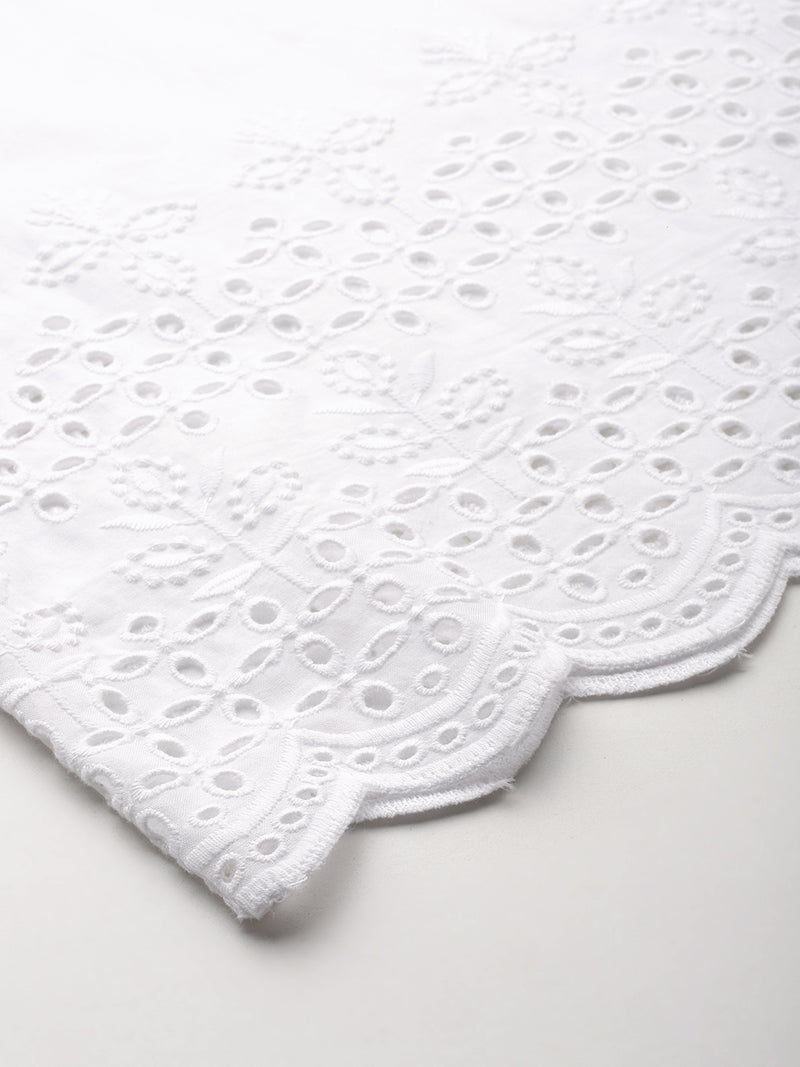 White White Embroidered Cotton Palazzos–Elastic Waist & Ankle-Length with Side Pocket