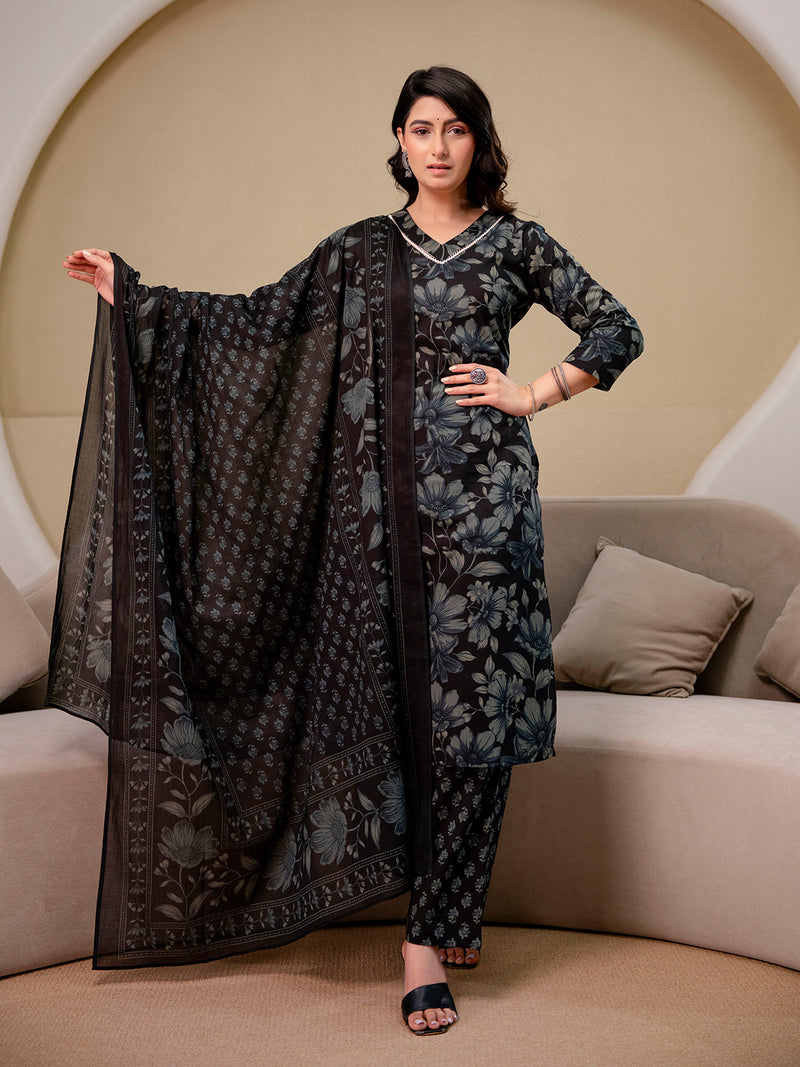 Printed Cotton Kurta Set with V-Neckline, Ankle-Length Pants and Graceful Dupatta