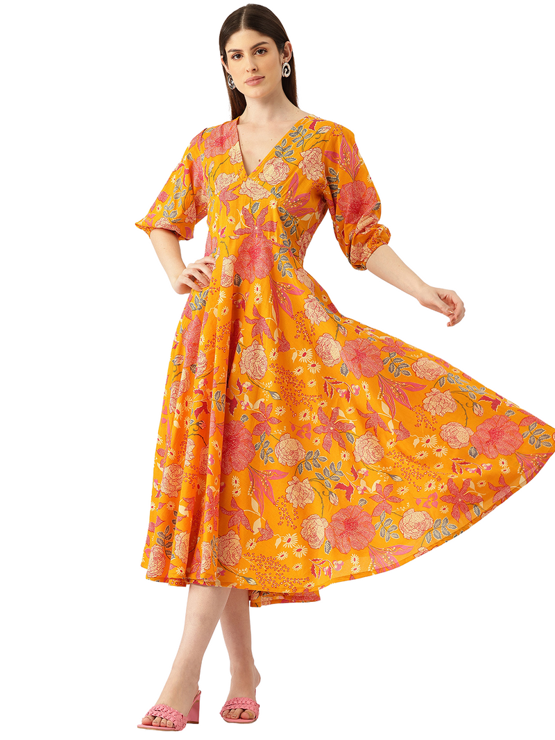 Women's Pure Cotton Floral Printed A-Line Gown with 3/4 Puff Sleeves & V-Neck