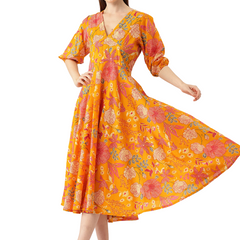 Women's Pure Cotton Floral Printed A-Line Gown with 3/4 Puff Sleeves & V-Neck