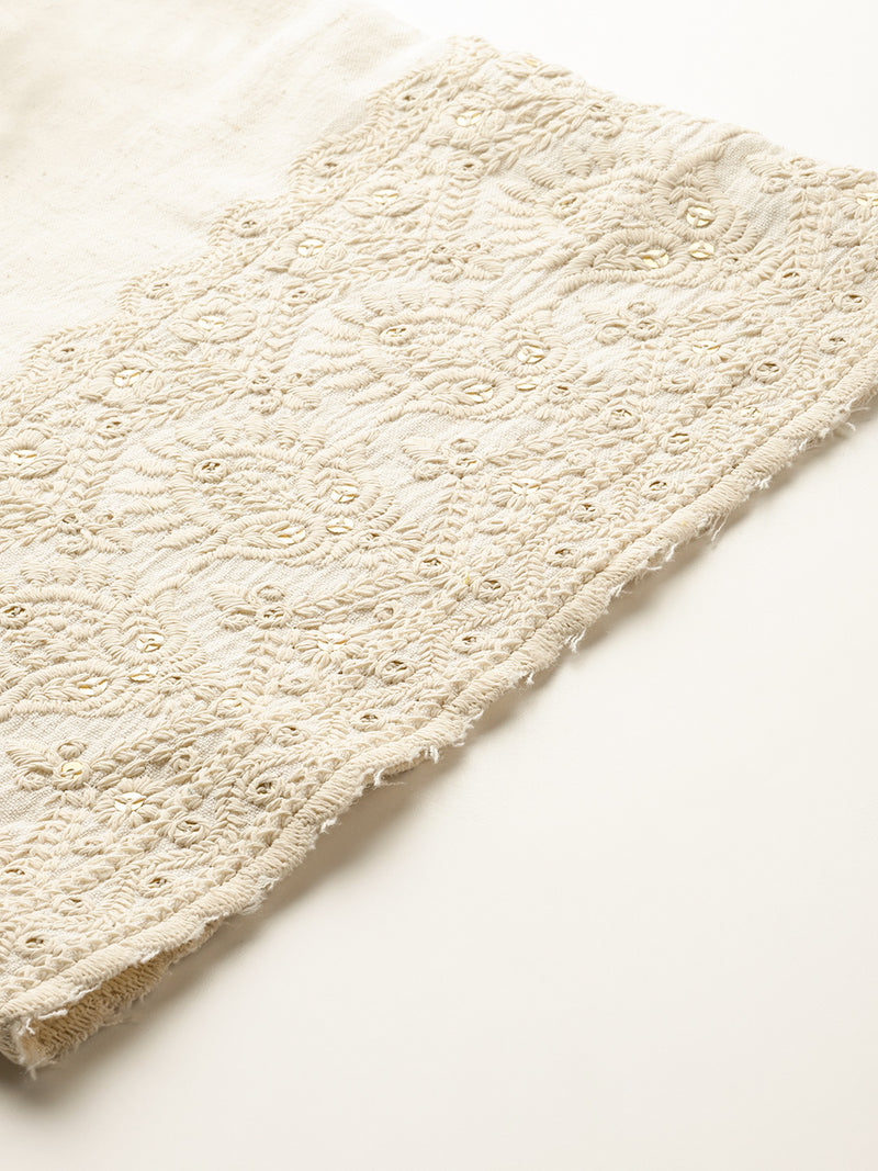 Beige Beige Palazzo|Embroidered, Flax Cotton, Sequin Detail, Ankle-Length, Single Pocket