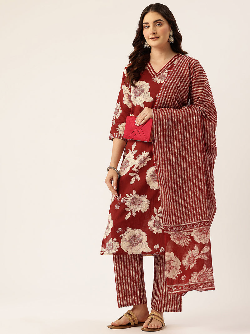 Bodered V-Neck 3-Piece Kurta Set with Ankle-Length Pants & Full-Length Dupatta (Size S-XXL).
