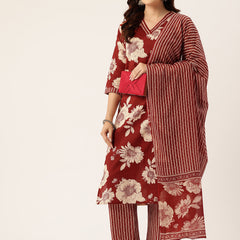 Bodered V-Neck 3-Piece Kurta Set with Ankle-Length Pants & Full-Length Dupatta (Size S-XXL).