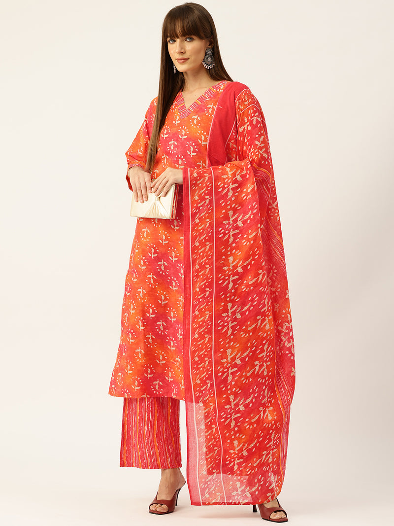 Bordered V-Neck 3-Piece Kurta Set with Ankle-Length Pants & Full-Length Dupatta (Size S-XXL).