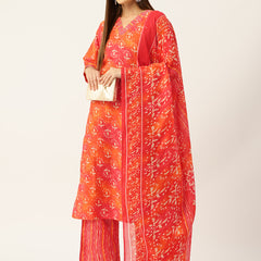 Bordered V-Neck 3-Piece Kurta Set with Ankle-Length Pants & Full-Length Dupatta (Size S-XXL).