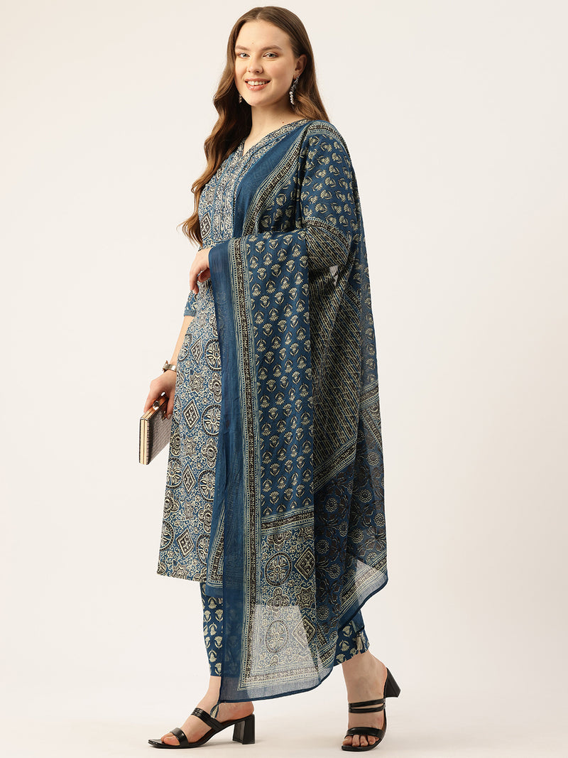 Straight Dupatta Sets - V-Neck, 3/4 Sleeves with Border Detailing, Elastic Waistband Pants with Pockets & Full-Length Dupatta (M-XXL)