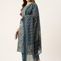 Straight Dupatta Sets - V-Neck, 3/4 Sleeves with Border Detailing, Elastic Waistband Pants with Pockets & Full-Length Dupatta (M-XXL)