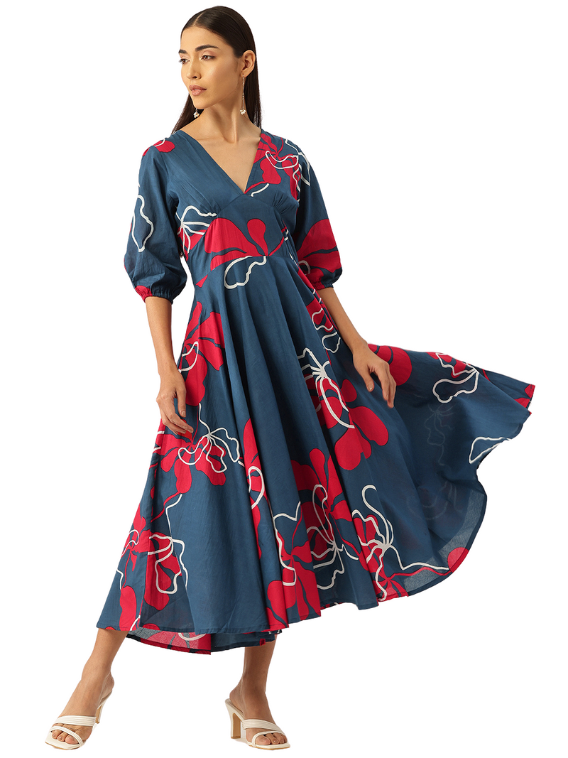Women's Pure Cotton Floral Printed A-Line Gown with 3/4 Puff Sleeves & V-Neck
