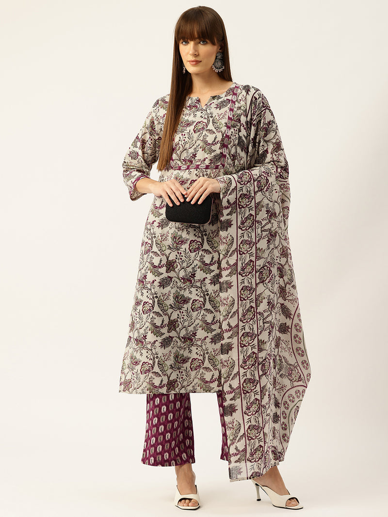 Round V-Cut Neck 3-Piece Kurta Set with Ankle-Length Pants & Full-Length Dupatta (Size S-XXL).
