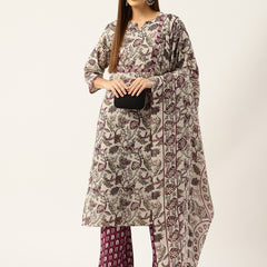 Round V-Cut Neck 3-Piece Kurta Set with Ankle-Length Pants & Full-Length Dupatta (Size S-XXL).