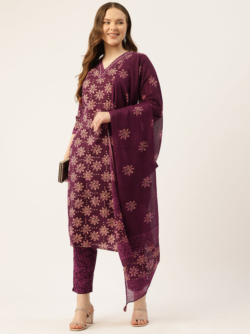 Straight Dupatta Sets - V-Neck, 3/4 Sleeves with Border Detailing, Elastic Waistband Pants with Pockets & Full-Length Dupatta (M-XXL)