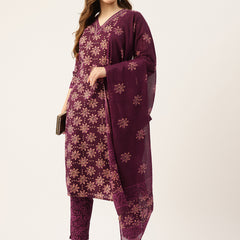 Straight Dupatta Sets - V-Neck, 3/4 Sleeves with Border Detailing, Elastic Waistband Pants with Pockets & Full-Length Dupatta (M-XXL)