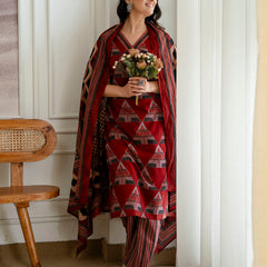 Bordered V-Neck 3-Piece Kurta Set with Ankle-Length Pants & Full-Length Dupatta (M–XXL)