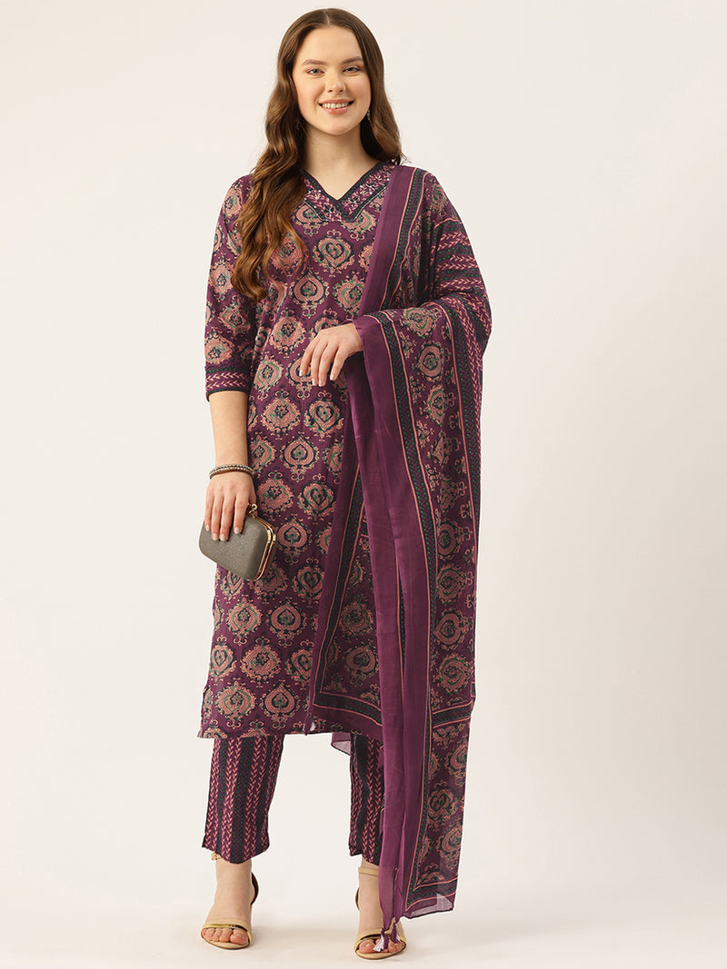 Straight Dupatta Sets - V-Neck, 3/4 Sleeves with Border Detailing, Elastic Waistband Pants with Pockets & Full-Length Dupatta (M-XXL)