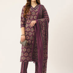 Straight Dupatta Sets - V-Neck, 3/4 Sleeves with Border Detailing, Elastic Waistband Pants with Pockets & Full-Length Dupatta (M-XXL)