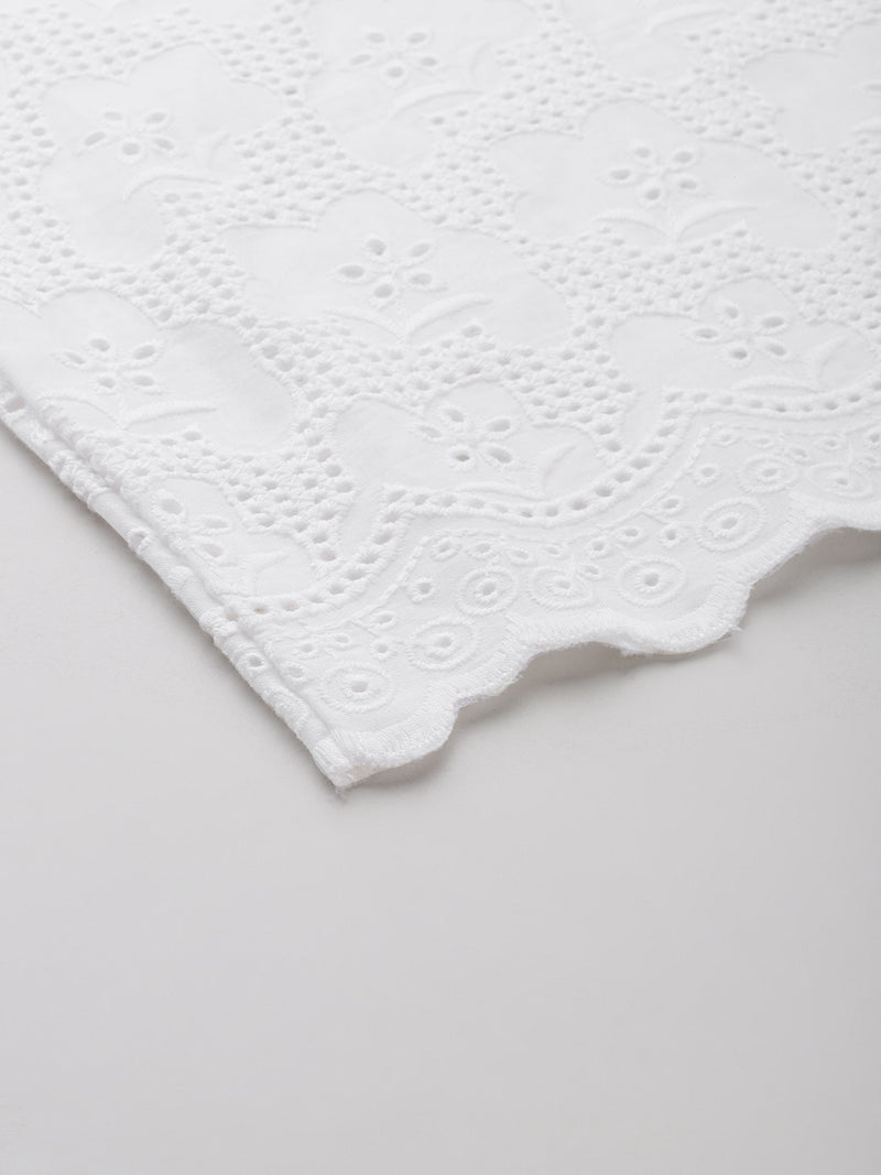 White White Embroidered Cotton Palazzos–Elastic Waist & Ankle-Length with Side Pocket