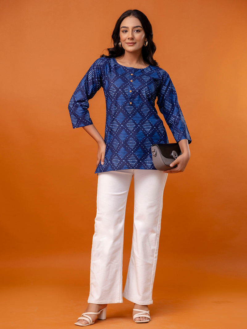 Chic Printed Short Kurti with Round Neck & 3/4 Sleeves