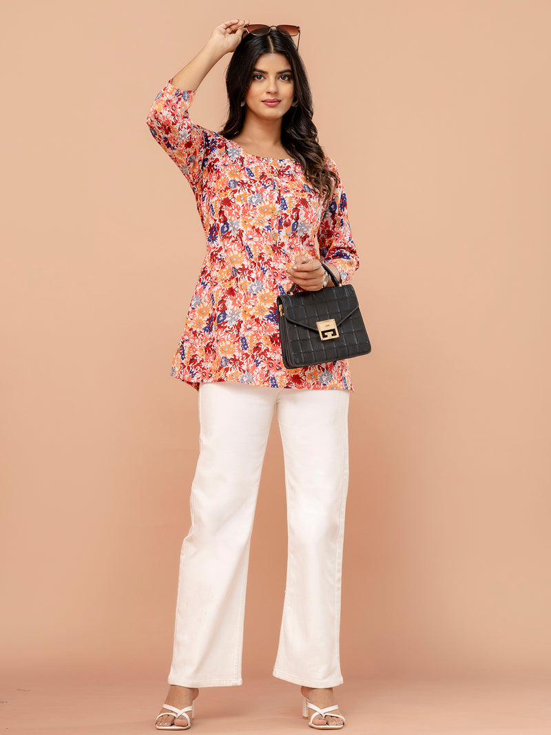 Chic Printed Short Kurti with Round Neck & 3/4 Sleeves