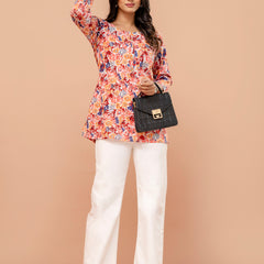 Chic Printed Short Kurti with Round Neck & 3/4 Sleeves