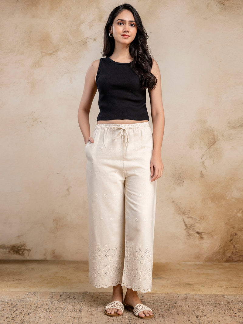 Women’s Cotton Embroidered Wide-Leg Palazzos | Soft, Breathable & Elegant
