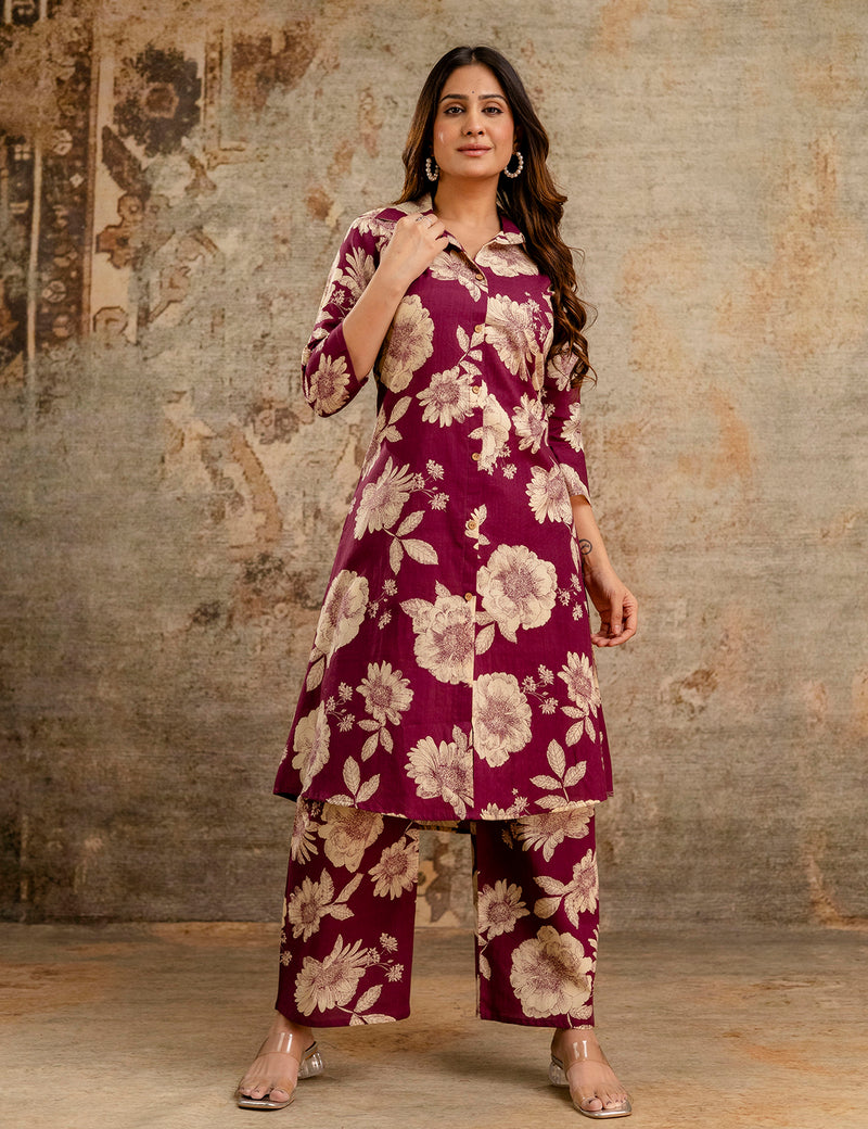 Purple Women’s Co-Ord Set–Printed Collared Kurta with 3/4 Sleeves & Elastic Waist Pants