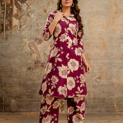 Purple Women’s Co-Ord Set–Printed Collared Kurta with 3/4 Sleeves & Elastic Waist Pants