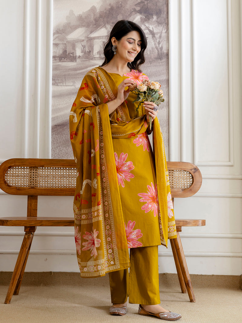 Printed Cotton Kurta Set with Ankle-Length Pants and Graceful Dupatta