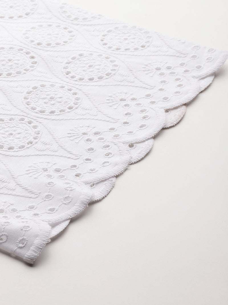 White Embroidered Palazzos–Fully Lined, Elastic Waist & Ankle-Length with Side Pocket