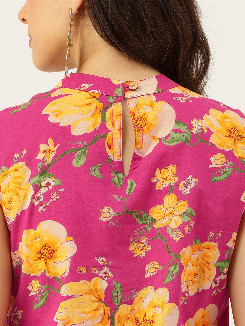 Floral Sleeveless Cotton Co-Ord Set with Choker Neckline – Pure Cotton | Sizes S–XXL