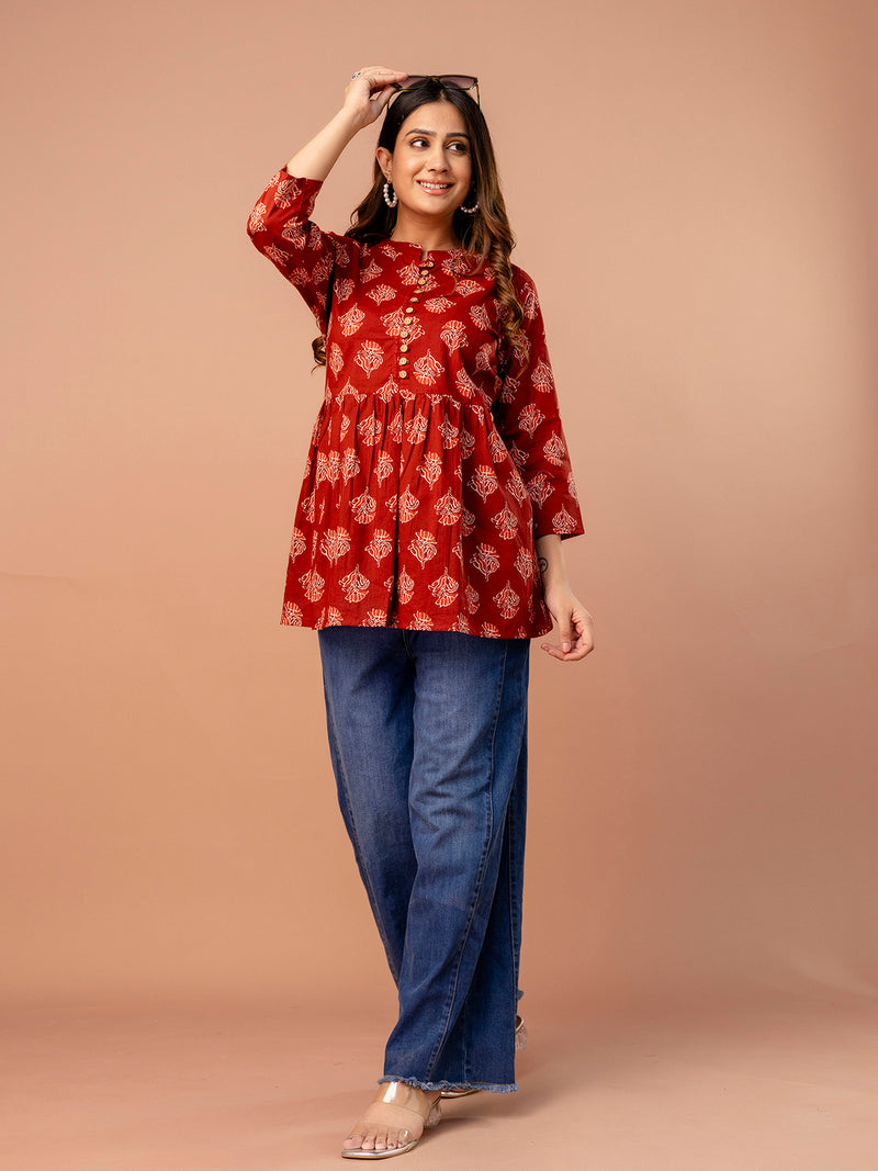 Top – Mandarin Collar, 3/4 Sleeves, Flattering Fit (Sizes S–XXL)