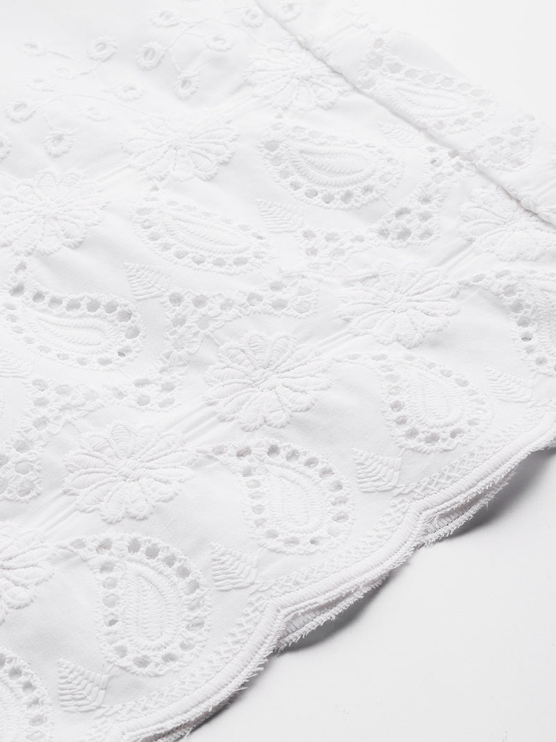 White Embroidered Palazzos–Fully Lined, Elastic Waist & Ankle-Length with Side Pocket