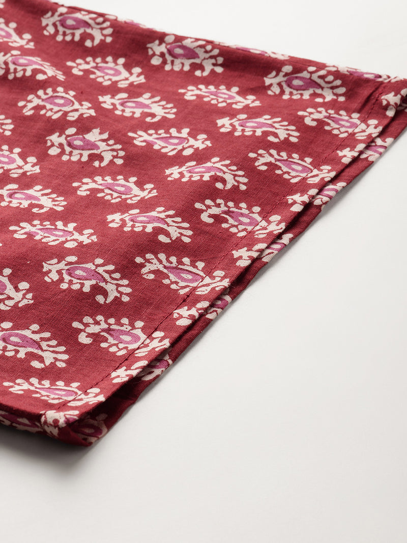 Maroon Women Pure Cotton Paisley Printed Palazzo Pants | Elastic Waist | Wide Leg