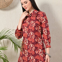 Maroon Elegant Collared Co-Ord Set with Frill Detail & Elasticated Pants