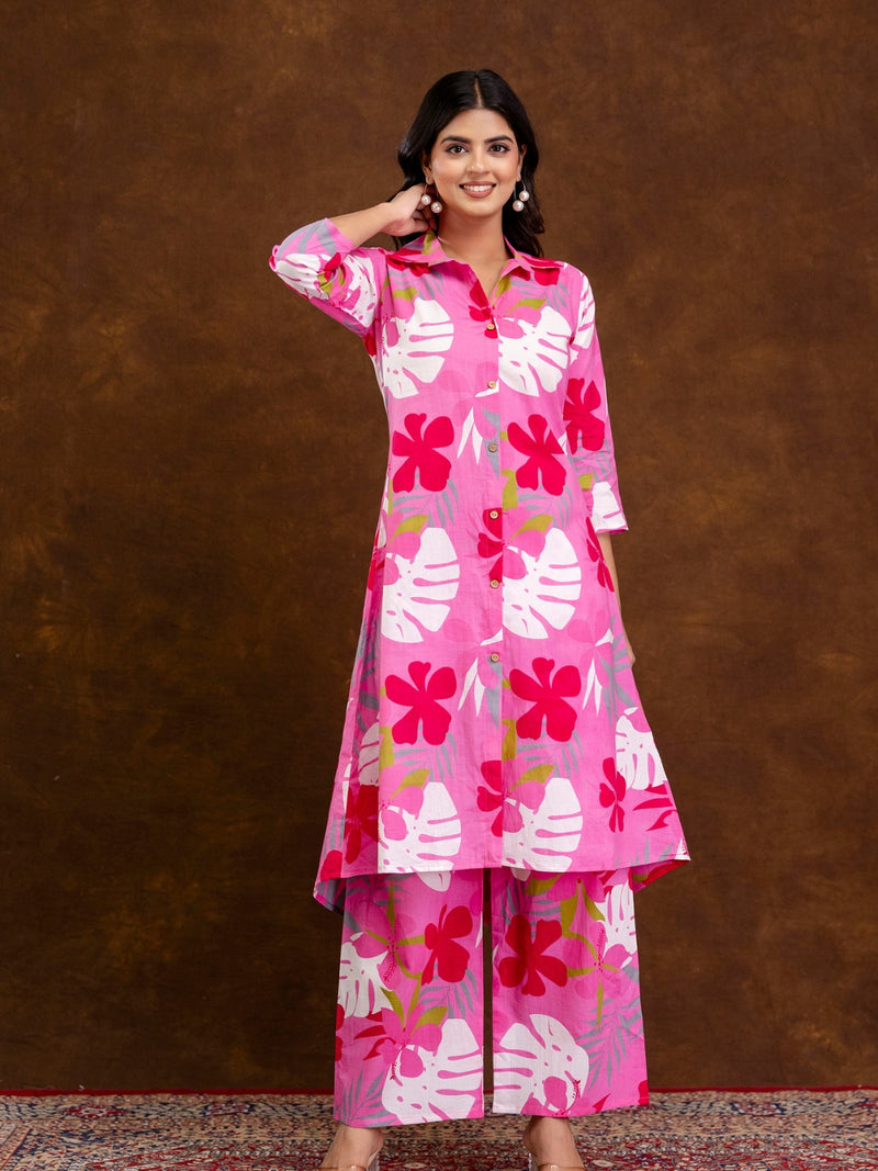Pink Women’s Co-Ord Set–Printed Collared Kurta with 3/4 Sleeves & Elastic Waist Pants
