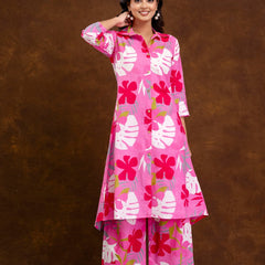 Pink Women’s Co-Ord Set–Printed Collared Kurta with 3/4 Sleeves & Elastic Waist Pants
