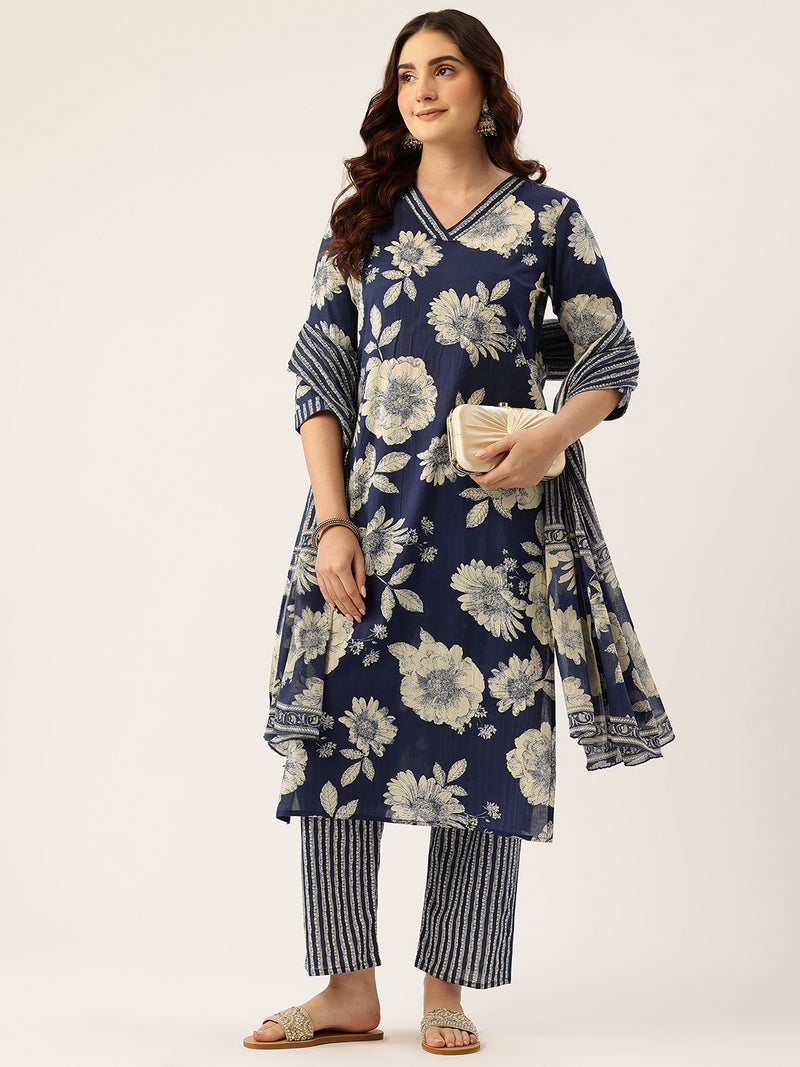 Bodered V-Neck 3-Piece Kurta Set with Ankle-Length Pants & Full-Length Dupatta (Size S-XXL).